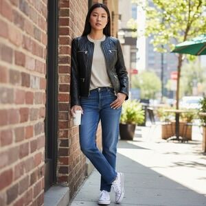 Y2K Ann Taylor Quilted Slim Black Leather Biker Jacket Womens‎ S Grunge Classic